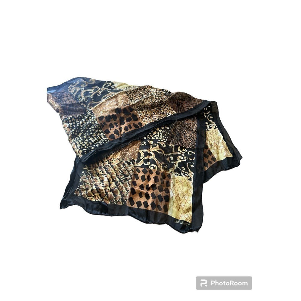 Bill Blass Vintage Silk Scarf Animal Print Patchwork Baroque Gold Black Brown